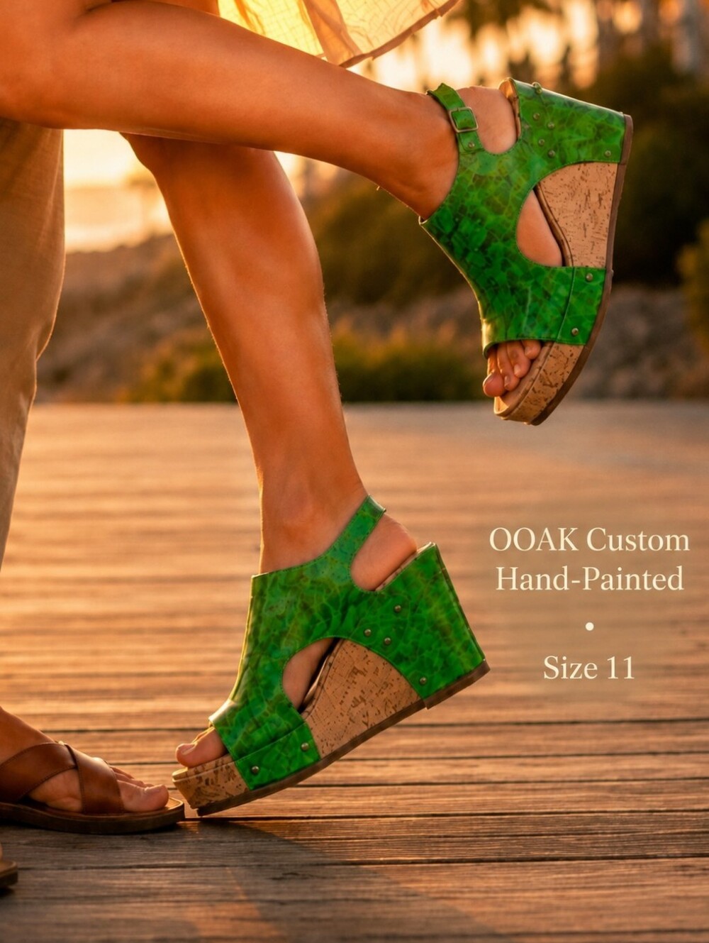 Corky's Comfort Platform Wedge Sandals Green Animal Print Boho Chic Resortwear
